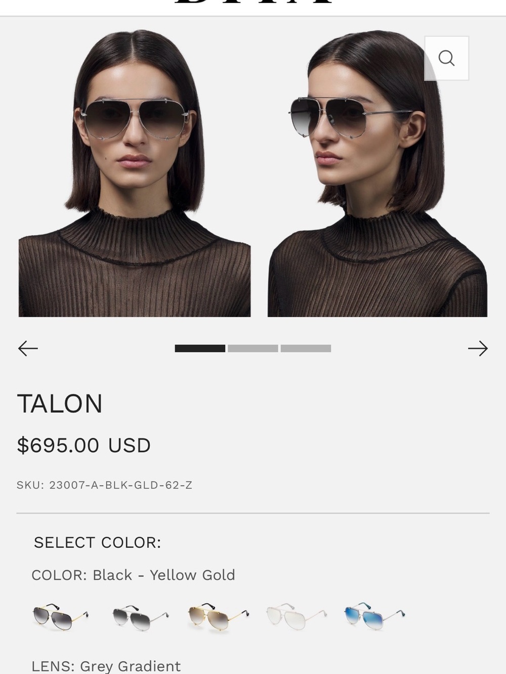 DITA Talon Black with Yellow Gold Accents Aviator Sunglasses